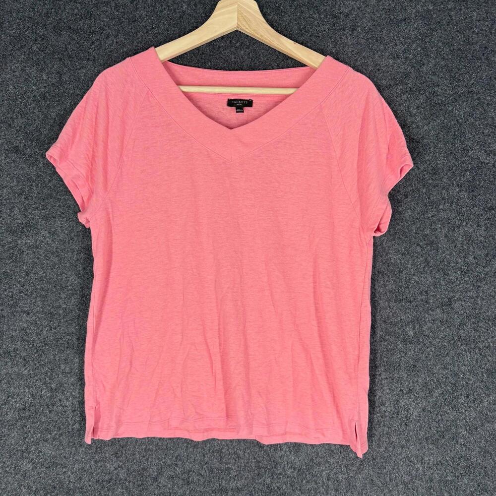 Talbots T-Shirt Women PL Petite Pink V-Neck Short Sleeve Linen Pullover Casual